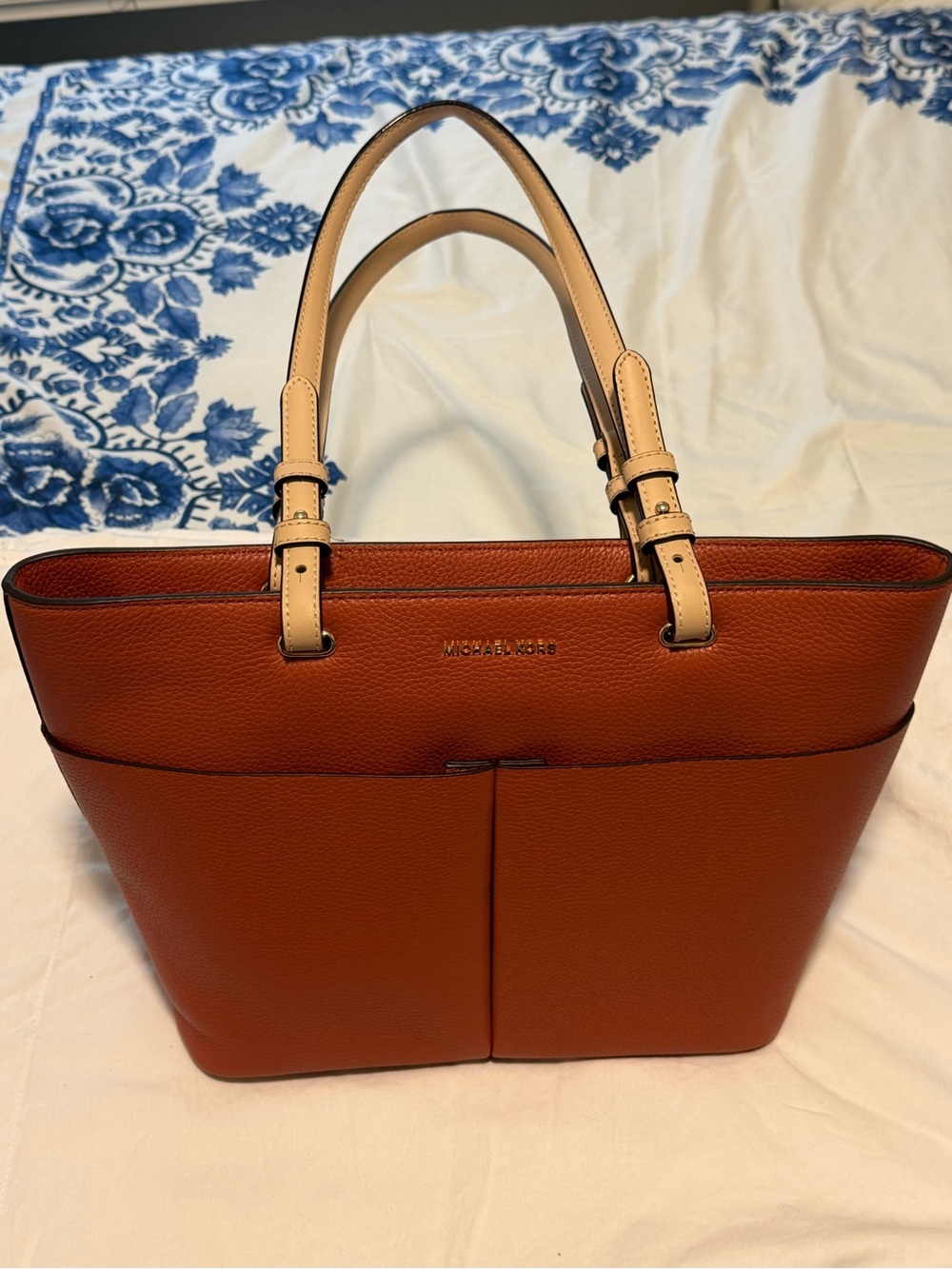 Michael Kors Pebbled Leather Tote in Cognac with Cream Handles